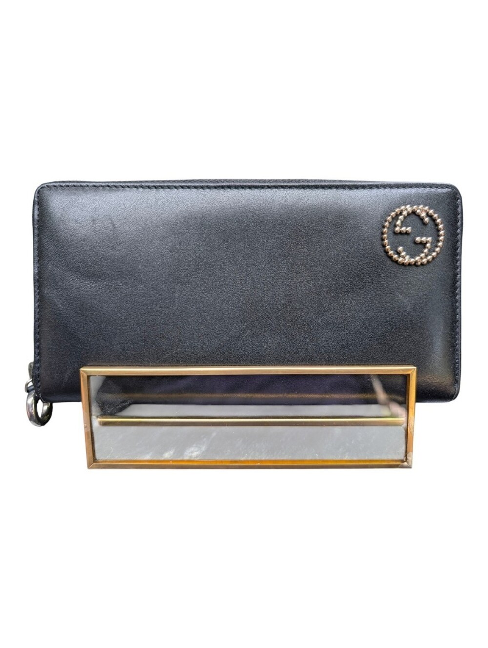 Gucci Black Calfskin Leather Zip Wallet w/ Studded Interlocking GG - EUC!